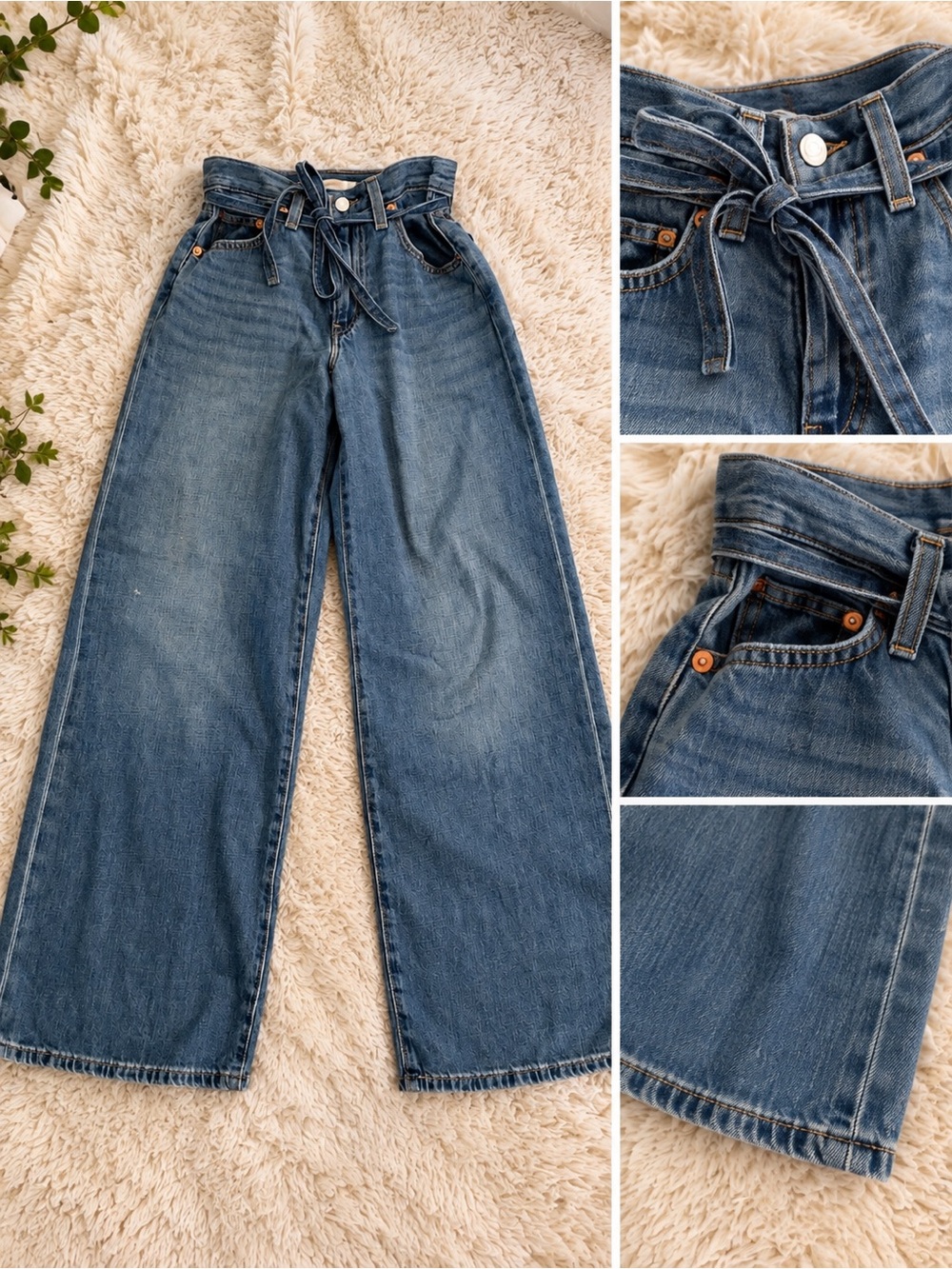 Levi's Medium Blue High-Rise Wide Leg Jeans with Tie Waist